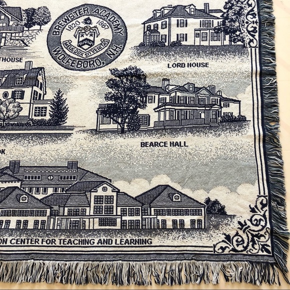 Blue Cream Academic Tapestry Blanket Fringe Woven Throw Brewster Academy - Picture 6 of 9